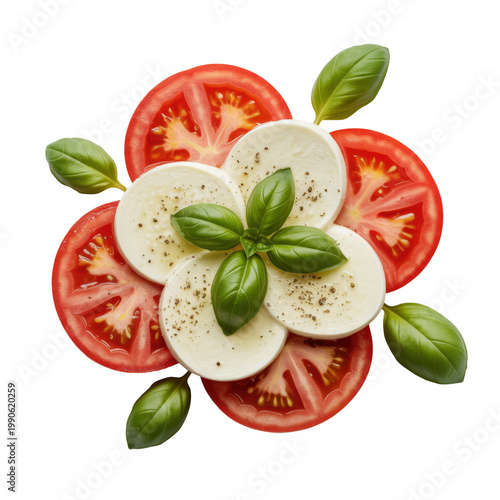 Fresh caprese salad compositions with mozzarella, tomato and basil isolated on transparent background