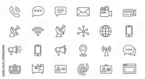Collection of communication and technology icons in sketch style.