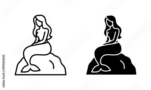 Mermaid sitting on rock icon set in outline and solid style