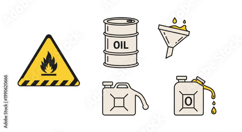 Oil barrel and fuel canisters with warning sign and funnel illustration.