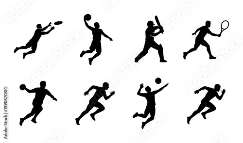 Athletic sports silhouettes set, 8 black vector icons of athletes in action, professional players competing in basketball tennis and cricket