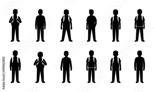 School student silhouettes set, 12 black vector icons of children with backpacks, primary school pupils standing in rows for education design