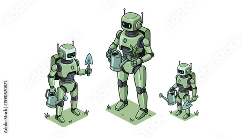 Robots Gardening Team: Isometric illustration of AI robots caring for plants with watering cans and tools, future agriculture concept
