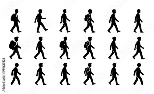 Walking boy silhouette animation sequence, school student with backpack walking cycle, set of 18 black vector figures for motion graphics