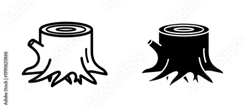 Tree stump icon set with roots and wood rings