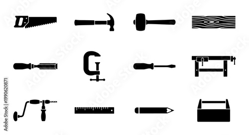 Woodworking carpentry tools icon set, black silhouette construction equipment, 12 professional joinery and handyman vector elements for DIY projects