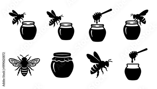 Honey bee and jar icon set, black silhouette honeybee and glass pot vector collection, organic honey dipper and bumblebee illustrations