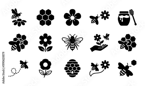 Honey bee icon set with 15 black vector elements, honeycomb and beehive symbols, organic honey jar and flower graphics for branding and packaging