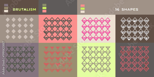 Geometric patterns and brutalist aesthetics displayed across a colorful grid