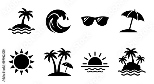 Summer beach icon set with palm trees and sun, tropical vacation vector symbols, black silhouette ocean waves and island elements for travel design