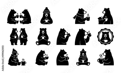 Minimalist bear coffee icons set, black silhouette grizzly bears drinking hot tea, 14 vector animal illustrations for winter cafe branding and cozy logos
