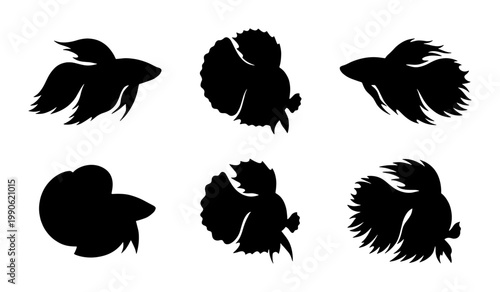 Betta fish silhouette collection, set of 6 black Siamese fighting fish vector icons, elegant aquarium fish shapes for logo design and branding
