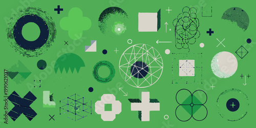 Abstract geometric shapes and lines in varying shades of green