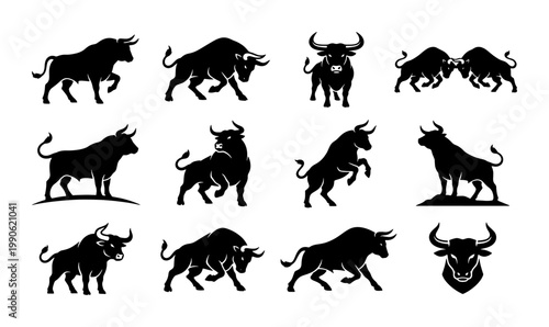 Powerful bull silhouette collection, 12 black buffalo vector icons, aggressive charging ox and cattle mascot set for sports branding and logo design