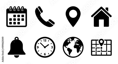Minimalist black contact icons set, 8 flat vector symbols for business communication, calendar and location map signs for web design
