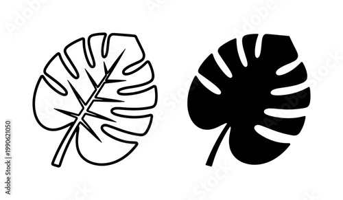 Monstera leaf outline and solid black silhouette icon set