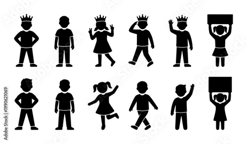 Minimalist children silhouette icons, set of 12 black vector kids figures, diverse young boy and girl poses, childhood character symbols for infographics