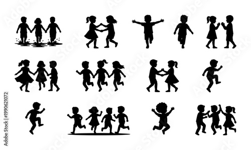 Black silhouettes of children playing, set of 12 vector icons of kids running and jumping, group of happy childhood friends silhouettes