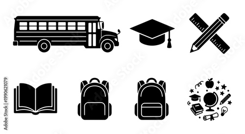 Back to school vector icon set, black silhouette education symbols with school bus and graduation cap, academic supplies and backpack collection