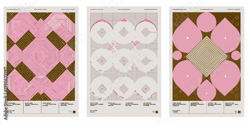 Three abstract geometric panels with pink and brown tones displayed vertically