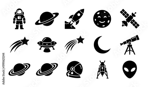 Space exploration icon set, 15 black solid vector symbols of astronaut, rocket ship and planets, astronomy and galaxy flat glyph collection