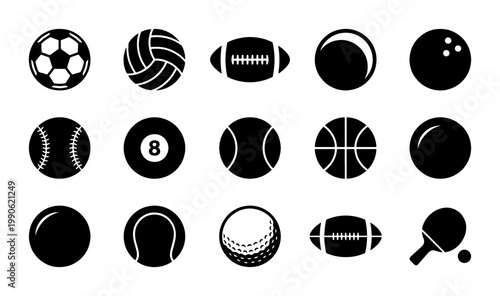 Minimalist sports ball icons set, black vector silhouettes of soccer basketball and football equipment, 15 athletic game elements for web design