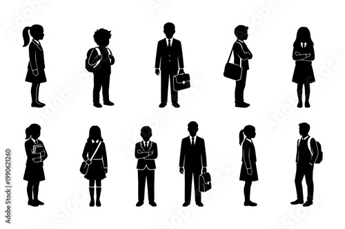 School children silhouettes in formal uniforms, set of 11 student vector icons, primary and secondary pupils with backpacks and bags for education design