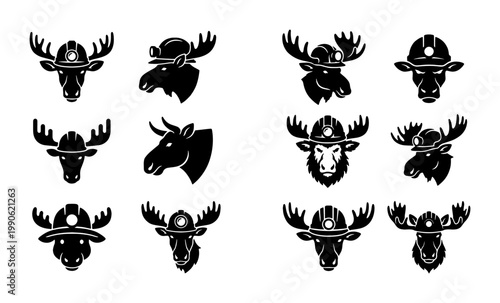 Vintage moose miner mascot icons, set of 12 black and white vector elk heads wearing hard hats, industrial wildlife logo collection for mining and construction