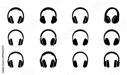 Minimalist headphone icon set, black silhouette audio headset collection, 12 professional music equipment symbols for web and app interface design