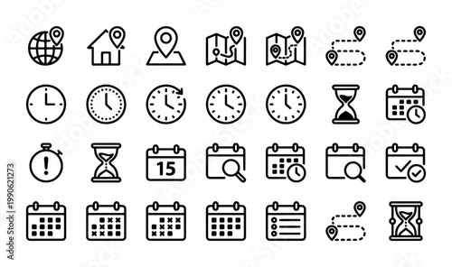 Minimalist line icons for time and location, 28 vector elements set, black outline calendar and map symbols, scheduling and navigation graphics