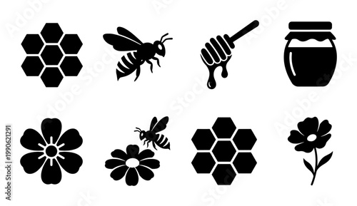 Honey bee icon set with 8 black silhouettes, honeycomb and bumblebee vector elements, organic honey jar and flower symbols for branding and packaging