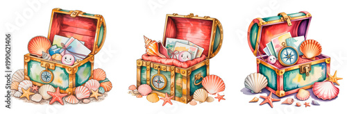Cute treasure chest with seashells, postcards and compass, whimsical beach illustration set isolated on transparent background, watercolor