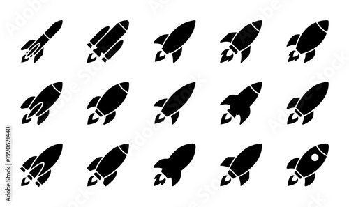 Rocket ship icon set with 15 black vector silhouettes, minimalist spaceship launch symbols, flat spacecraft graphic elements for business startup