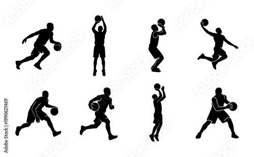 Basketball player silhouettes set, 8 black vector icons of athletes playing ball, professional basketball players in action poses for sports design
