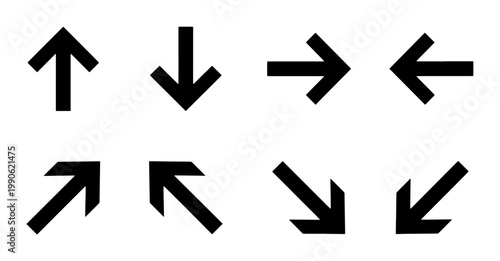 Minimalist black arrow icon set, collection of 8 directional pointers for navigation, bold geometric arrow symbols for web and app interface design