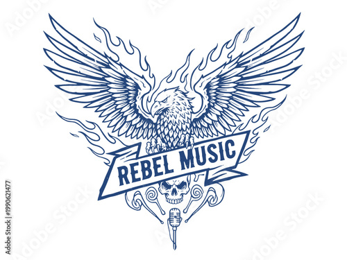 Eagle fly vector artwork. Rebel music rock and roll design. T shirt graphic print for apparel. Music tour logo design. Vintage skull and bird.. Rebel