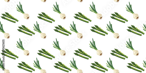 organic asparagus and onion seamless pattern on white background