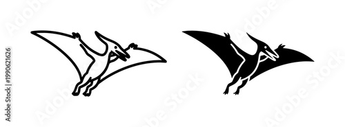 Flying Pterodactyl Dinosaur Silhouette and Outline Vector Set