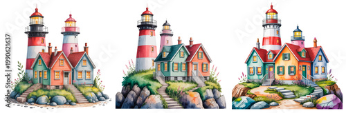 Cute coastal houses with lighthouse, colorful seaside village illustration set isolated on transparent background, watercolor