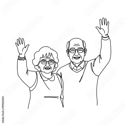 Senior couple waving hands smiling.