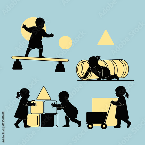 Silhouette of children playing blocks.