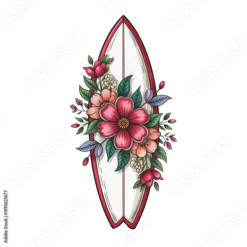 Stylish surfboards with colorful floral designs isolated, perfect for summer beach themes, watercolor