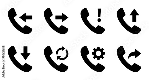 Minimalist phone call icon set, black telephone handset symbols with arrows and gears, 8 vector communication signs for mobile app interface