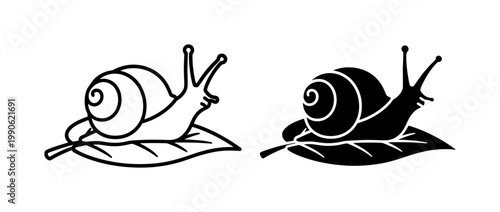 Konstfotografi Snail crawling on leaf outline and silhouette vector set