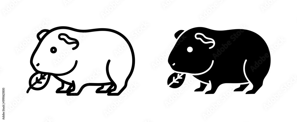 Fototapeta premium Guinea Pig Eating Leaf Line Art Icon Set