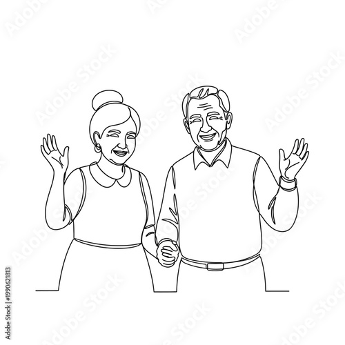 Smiling senior couple waving hands.