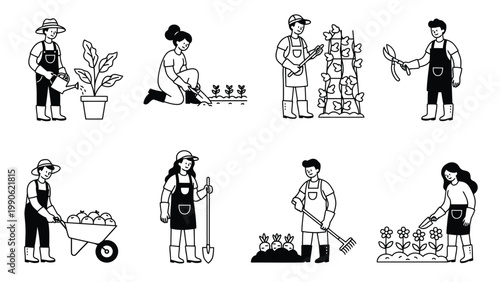 Gardening Activities Line Art Icons Set. People planting, watering, harvesting, and cultivating plants. Horticulture illustrations.