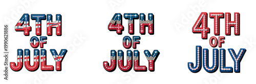 4th of July lettering set with USA flag colors patriotic typography collection, isolated on transparent background