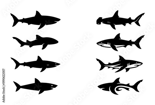 Shark silhouette vector collection, set of 8 predatory fish icons, black hammerhead and great white shark symbols, marine life graphic elements