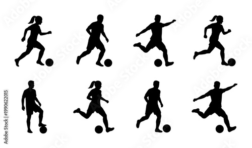 Soccer player silhouettes set, 8 football athlete vector icons, men and women playing soccer, athletic figures kicking and dribbling ball